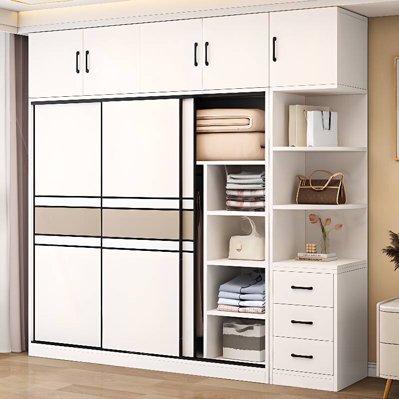 White Simple Composite Wood Wardrobe with Soft Close Drawer, Soft Close Door, Interior Shelves, and Hanging Rod
