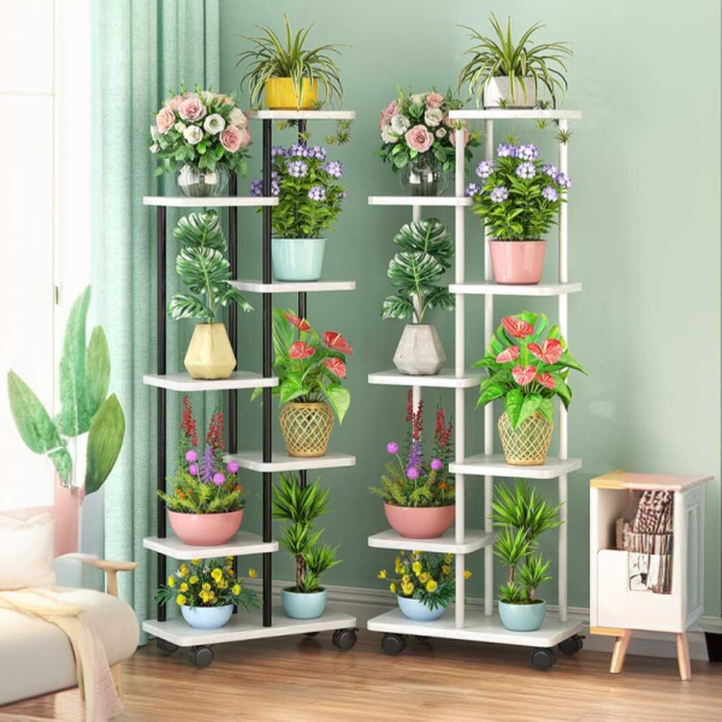 Contemporary Rectangle Multi-Level Plant Holder with Wood Top and 8/7/6 Shelves on Roller Wheels