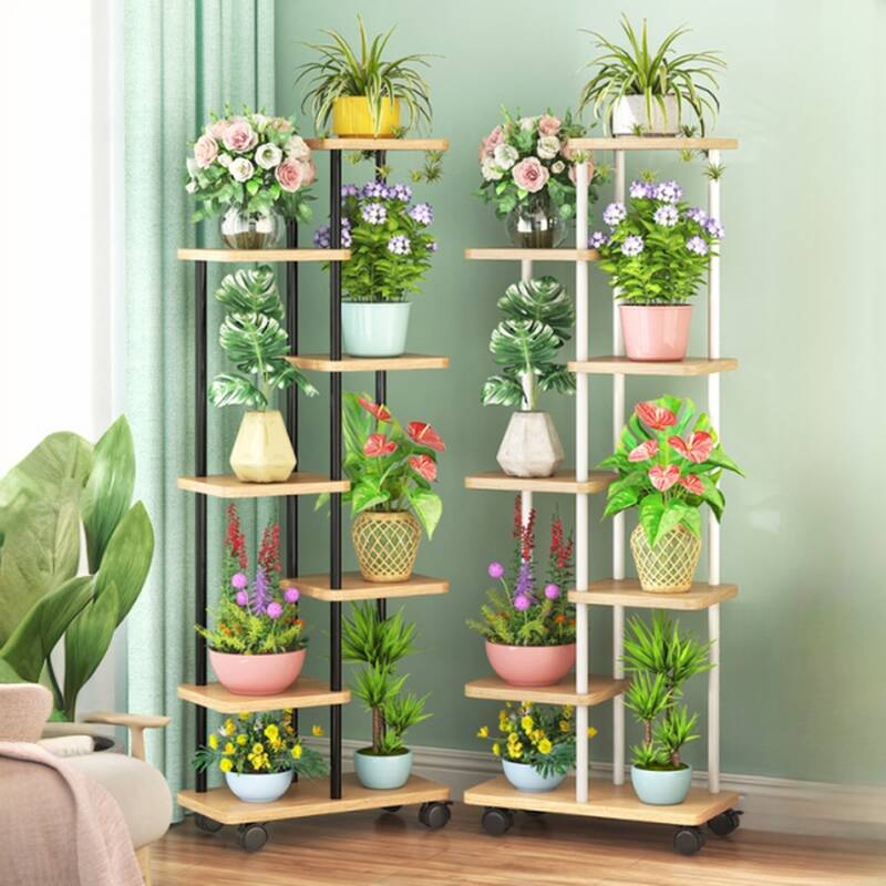 Contemporary Rectangle Multi-Level Plant Holder with Wooden Top and 8 Shelves on Roller Wheels
