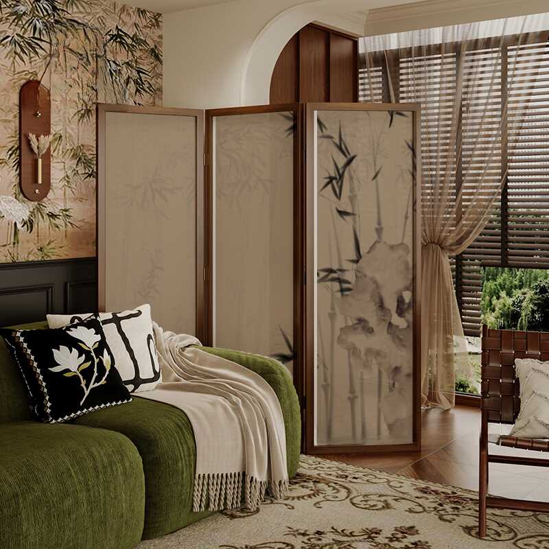 Tan Translucent Gauze Wall Separator with Collapsible 3 Panels, Double Sided Print, Freestanding