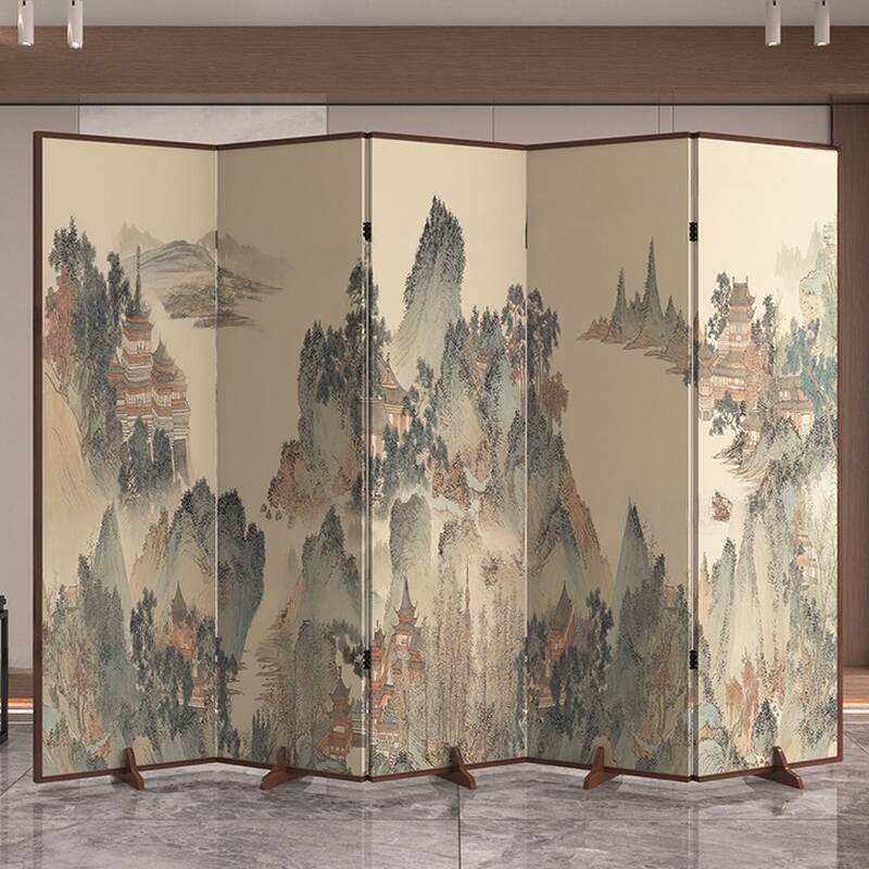 Tan Opaque Natural Wood Wall Separator with Collapsible 5 Panels/4 Panels, Double Sided Print, Freestanding