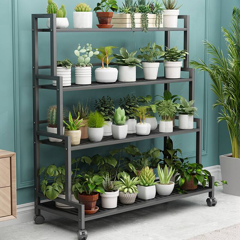 Trendy Rectangle Multi-Tiered Flower Rack with Metal Top and Casters