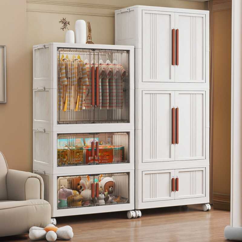 Simple Polymer Compound Wardrobe with Interior Shelves, Hanging Rod, and Gate