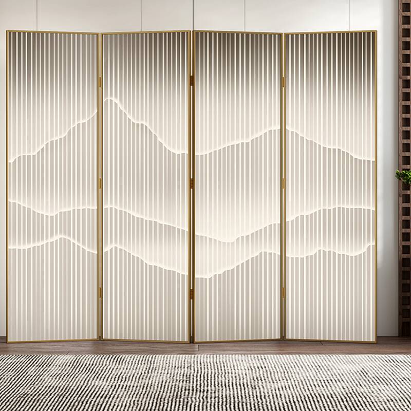 Art Deco Metallic Alloy Frame Opaque Space-saving Double Sided Print Wall Separator with 4 Panels