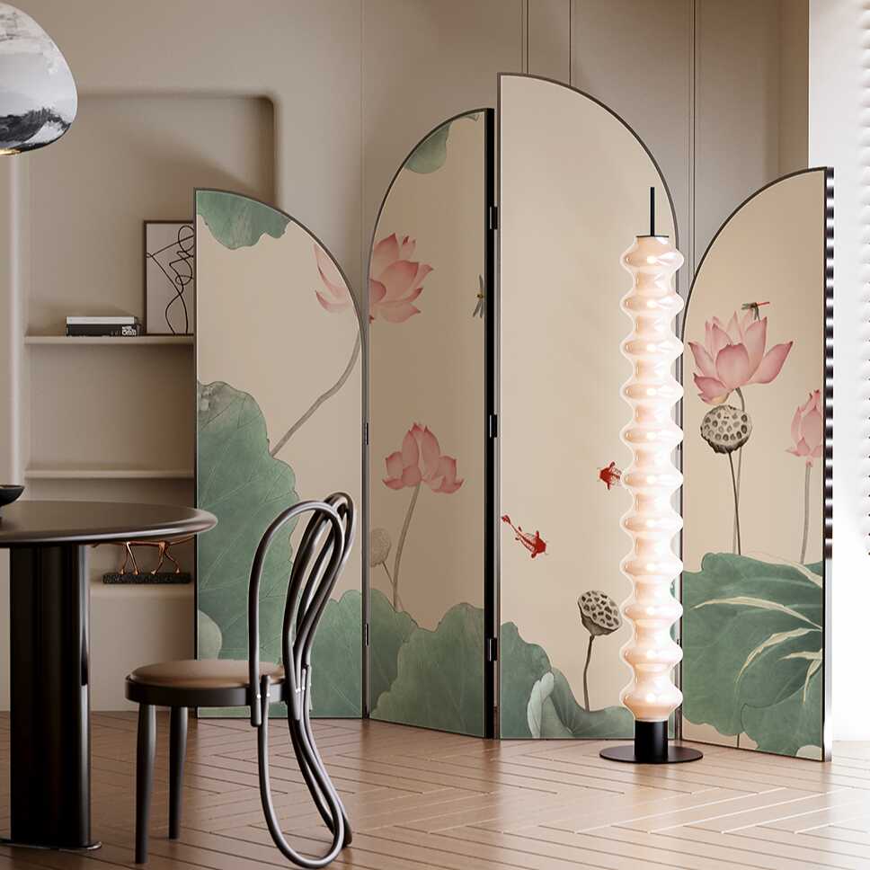 Multicolour Opaque Wood Folding Room Divider Partition with 4 Panels, Double Sided Print, and Independent Free Standing