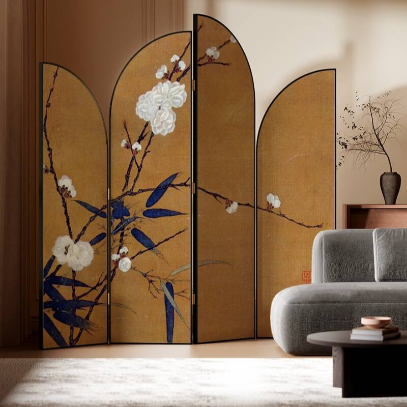 Cocoa Opaque Wood Folding Room Divider Partition with 4/3 Panels, Double Sided Print, and Independent Free Standing