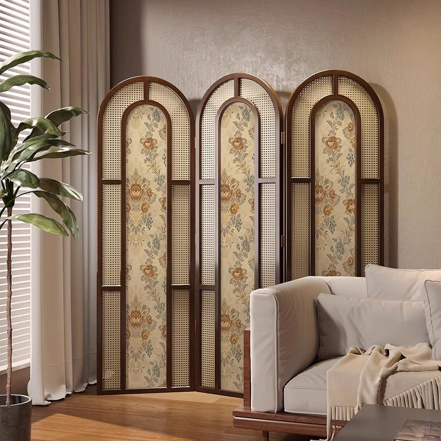 Auburn Translucent Rattan Collapsible Wall Separator with 3 Panels, Double Sided Print, and Freestanding Design