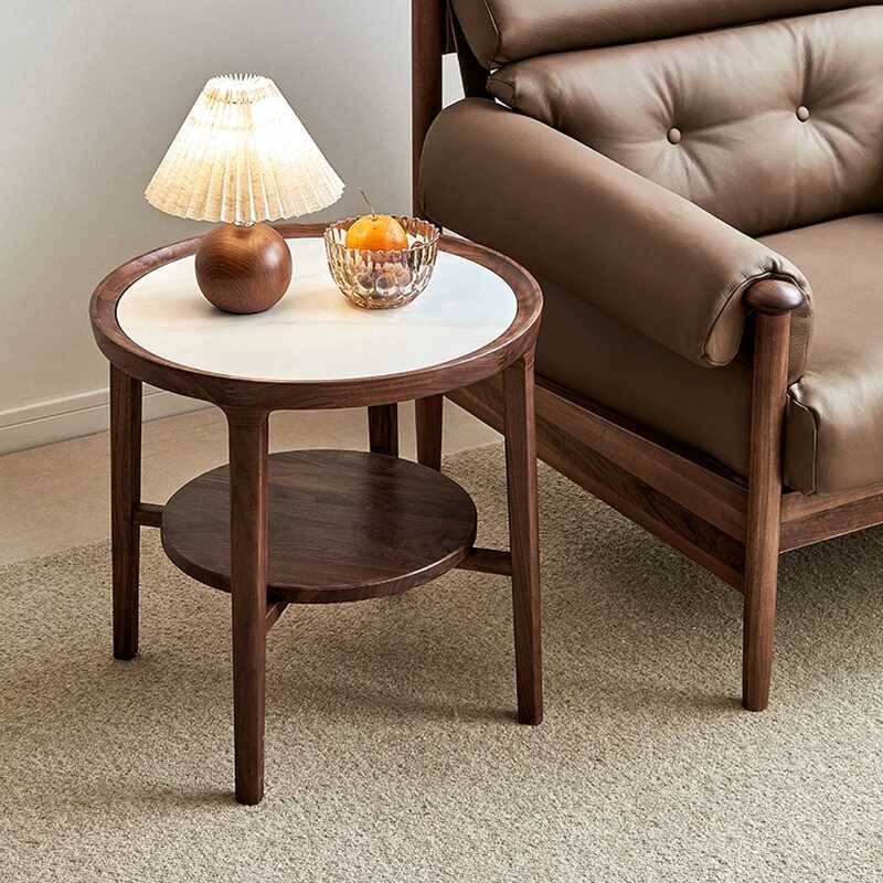 Modern Simple Style Circular Chalk Stone Drink Table with 4 Legs and Shelf