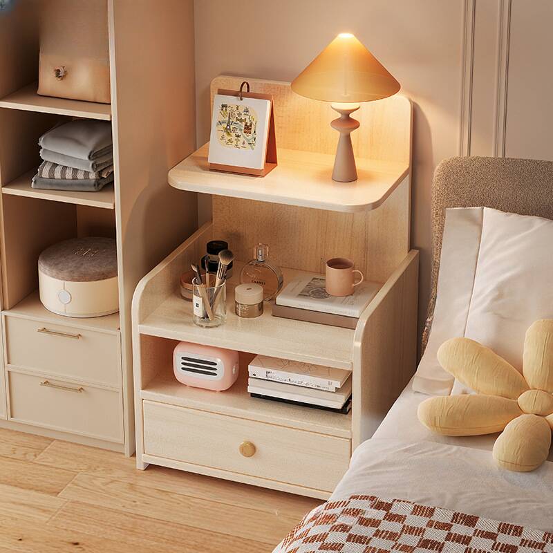 Simplistic Drawer Storage Bedside Table with 2 Shelves/1 Shelf and Wood Countertop
