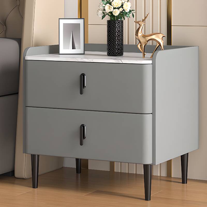 Simplistic Drawer Storage Bedside Table with 2 Drawers, Stone Countertop, and Leg