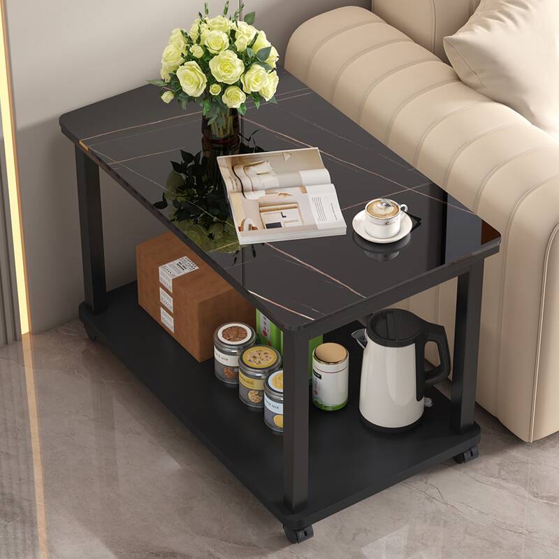 Modern Simple Style Drink Table Only with Vitreous Top and Swivel Wheels, Rectangular/Square Shape with Shelf
