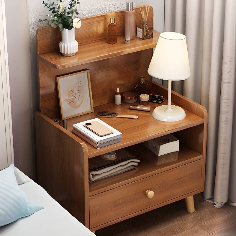 Simplistic 2 Shelves Wood Drawer Storage Bedside Table