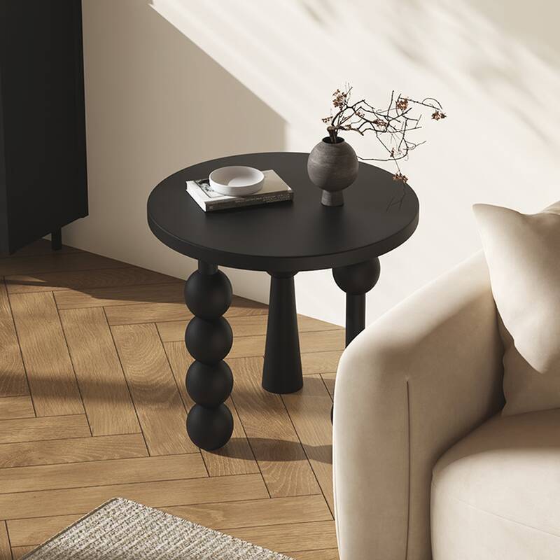 Modern Simple Style Circular Black Pine Wood Drink Table with Three Legs, Table Only