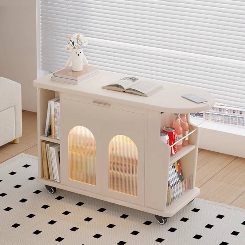 Flexible Height Drink Table with Chalk Rectangular Top, Swivel Wheels, Shelf, and Drawer