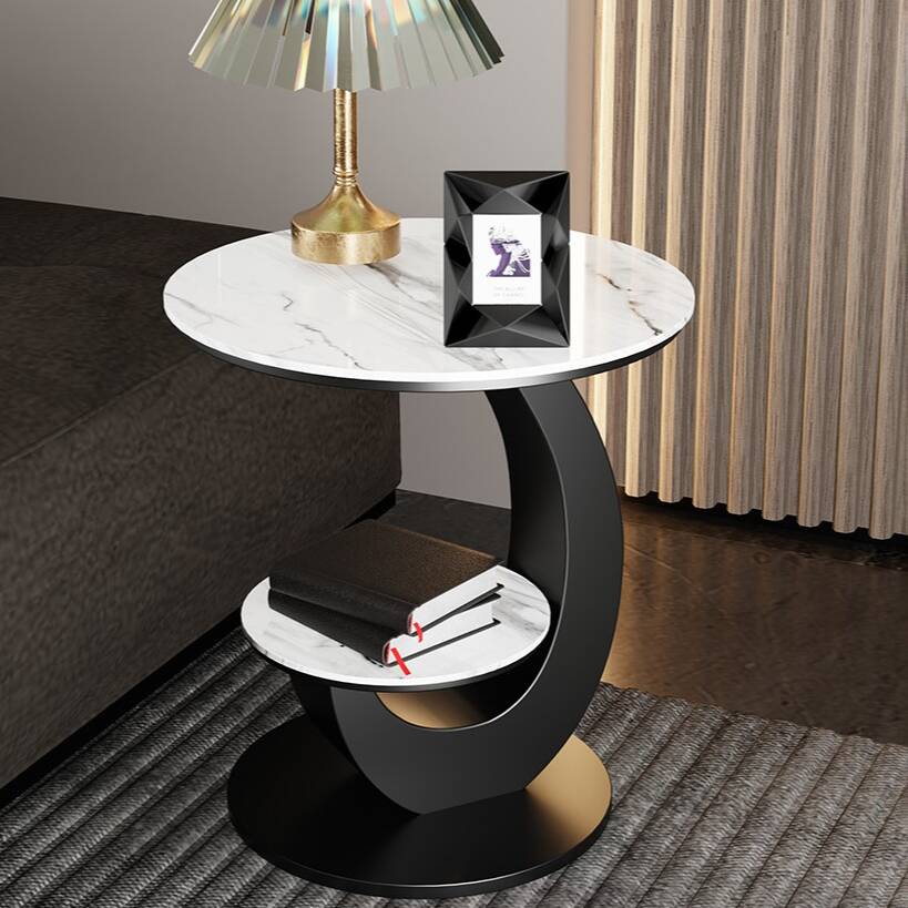 Lavish/Modern Simple Style Circular Stone Drink Table with Pedestal Base and Shelf