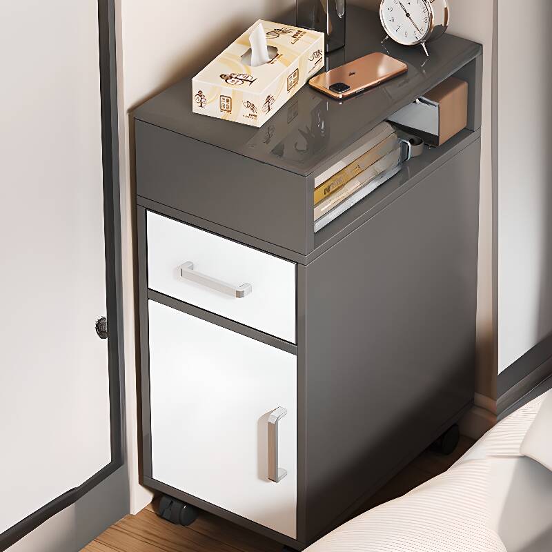Rolling Bedside Cabinet Nightstand with 1 Drawer, 1 Cabinet, 2 Shelves, Left Orientation, and Natural Wood Countertop