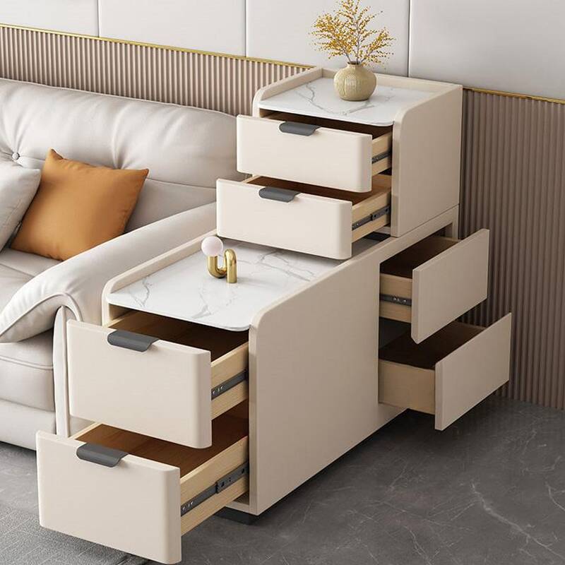 Modern Simple Style Rectangular Chalk Stone Drink Table with Block Base and 4 Drawers, Table Only