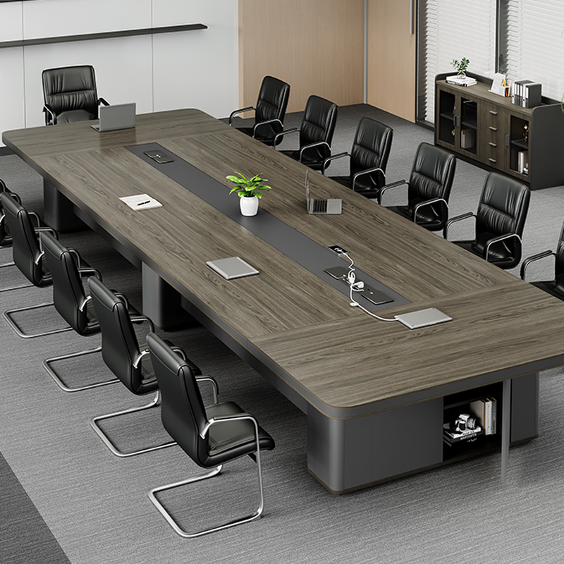 Simplistic Rectangle Wood Dove Grey Meeting Table for Seats 12+/for 8/12 People with Wood Base