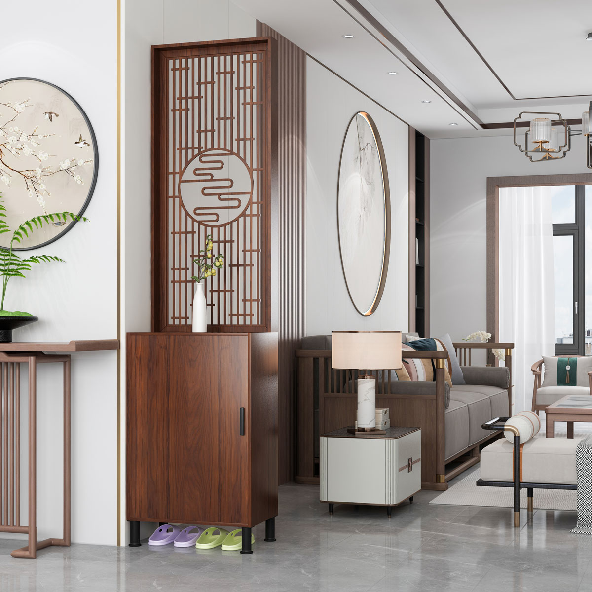 Auburn Contemporary Transparent Wall Separator with Shelf and Door, 1 Panel Wood