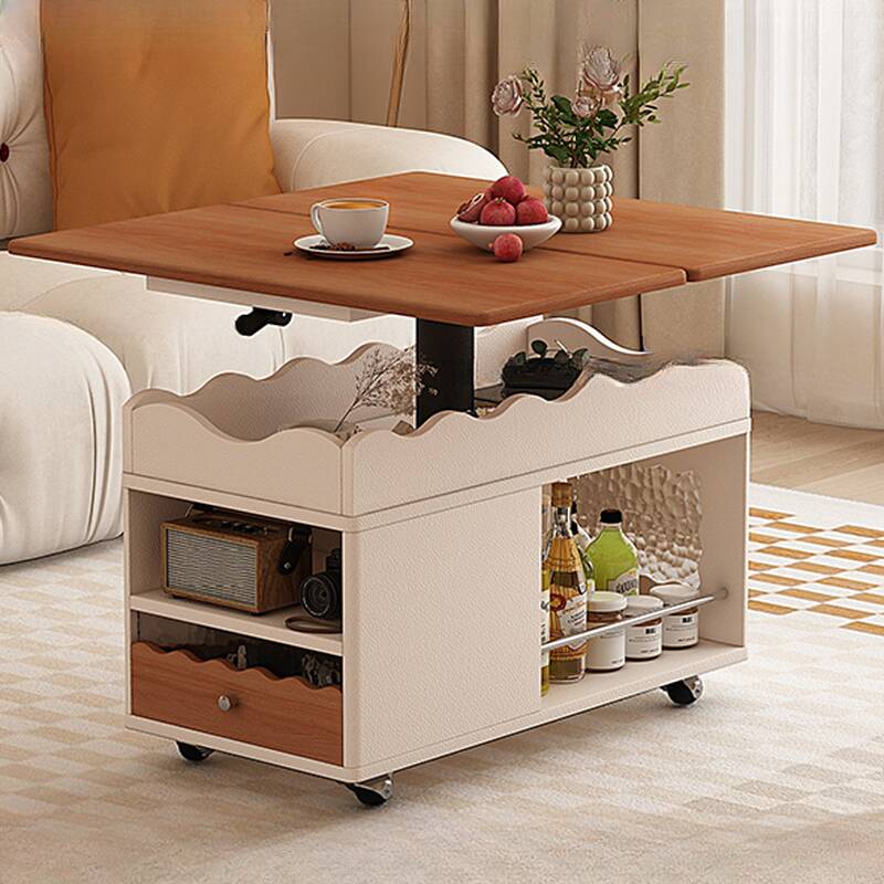 Flexible Height Timber Drink Table with Swivel Wheels, Square Top, and Drawer