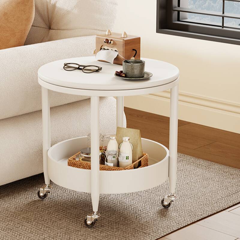 Simple Style Stone Drink Table with Wheel Base and Swivel Wheels, Rounded Top with Shelf
