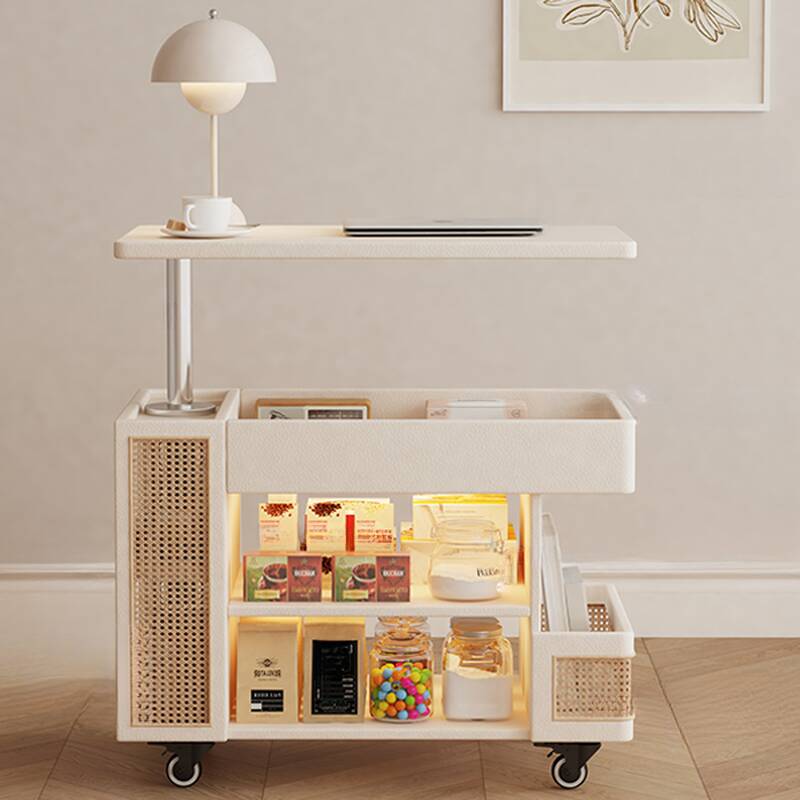 Rectangular Reclaimed Wood Drink Table with Swivel Wheels, Shelf, and Drawer on Wheel Base