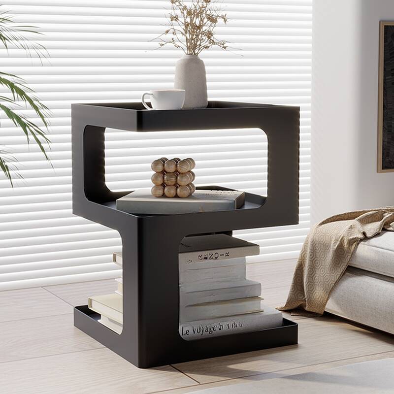 Modern Simple Style Drink Table Only with Iron Block Base in Black/Chalk, Square Shelf