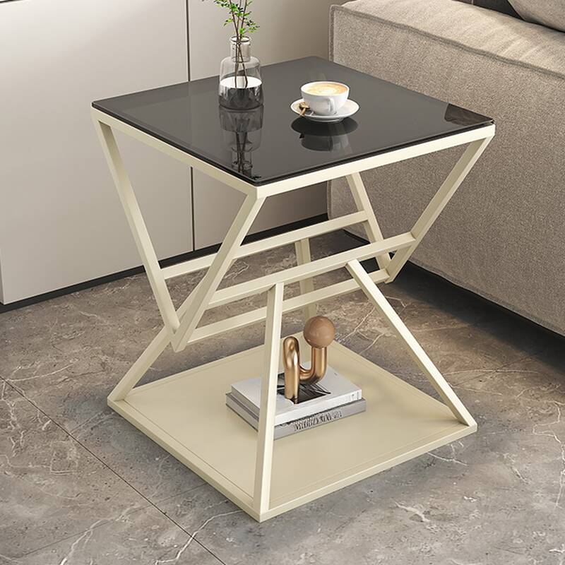 Modern Simple Style Drink Table Only with Vitreous Frame Base in Black, Square Shelf