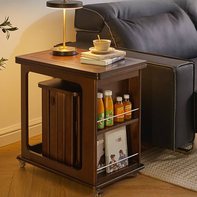 Modern Simple Style Rectangular Drink Table with Reclaimed Wood Top, Swivel Wheels, and Shelf in Black/Chalk/Cocoa