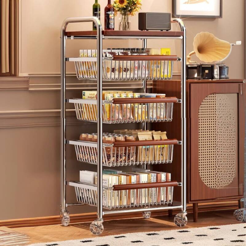 Metallic Minimalist Rectangular Food Storage Shelf with 5/4 Tiers, Swivel, and Compartment