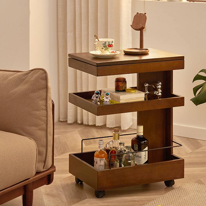 Wheel Base Sepia Rectangular Natural Drink Table with Swivel Wheels, Shelf and Drawer