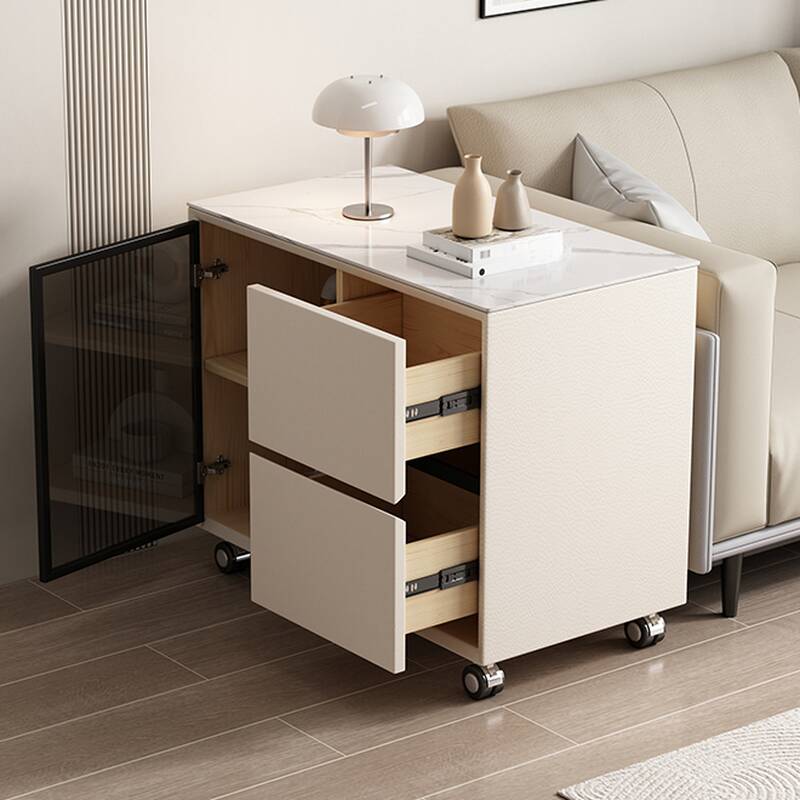 Drink Table with Wheel Base in Chalk, Swivel Wheels, Rectangular Shelf with 2 Drawers and Hutch