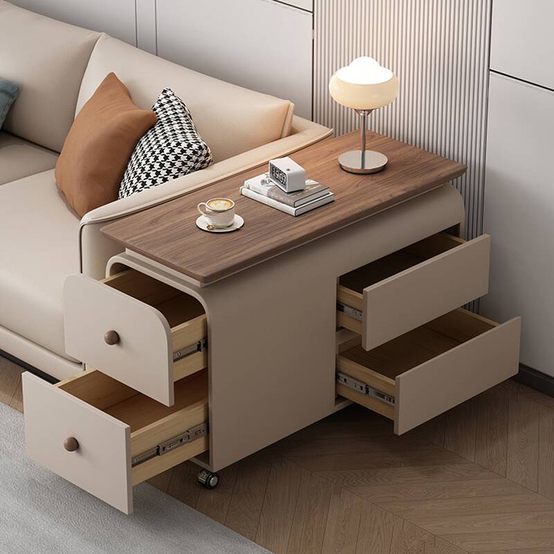 Modern Simple Style Rectangular Caramel Pine Wood Drink Table with Swivel Wheels and 4 Drawers