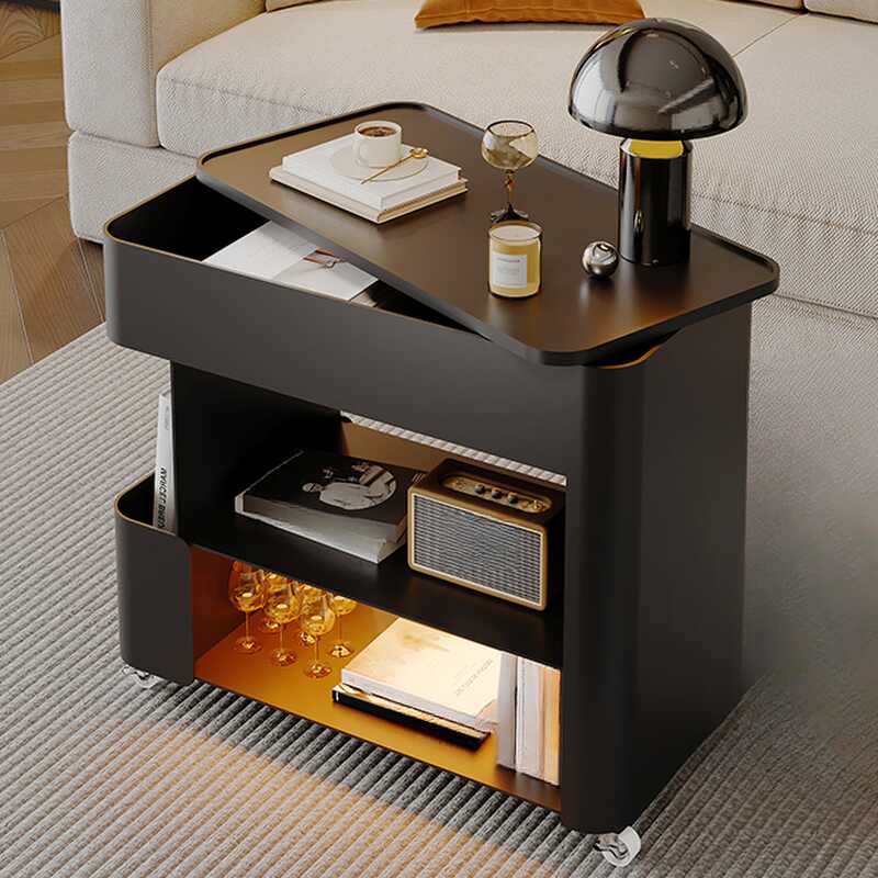Versatile Black Reclaimed Wood Chairside Table with Swivel Wheels, Rectangle Hutch, and Magazine Rack