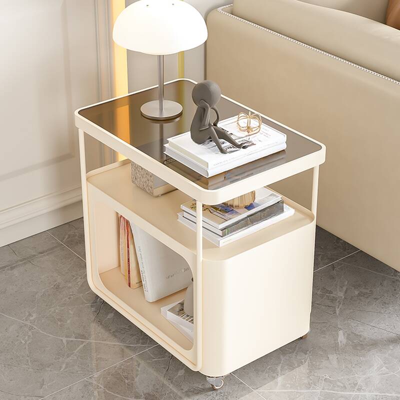 Simple Chairside Table Only with Wheel Base in Sepia/Clear and Swivel Wheels, Square/Rectangle Shape with Shelf