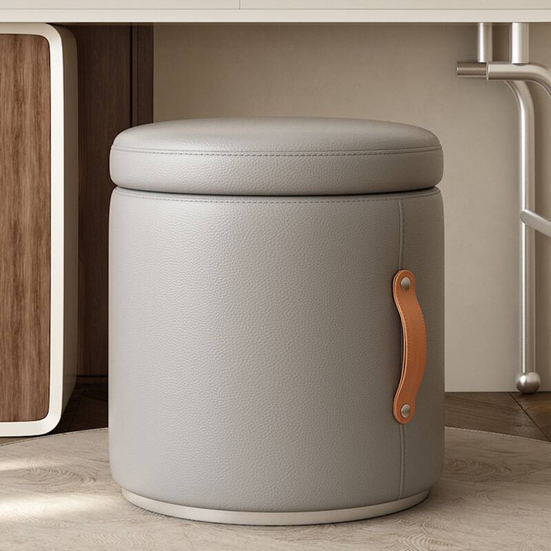 Casual Orbicular Solid Colour Storage Ottoman in Vinyl Leather with Dove Grey/Light Brown/Amber Colour and Storage