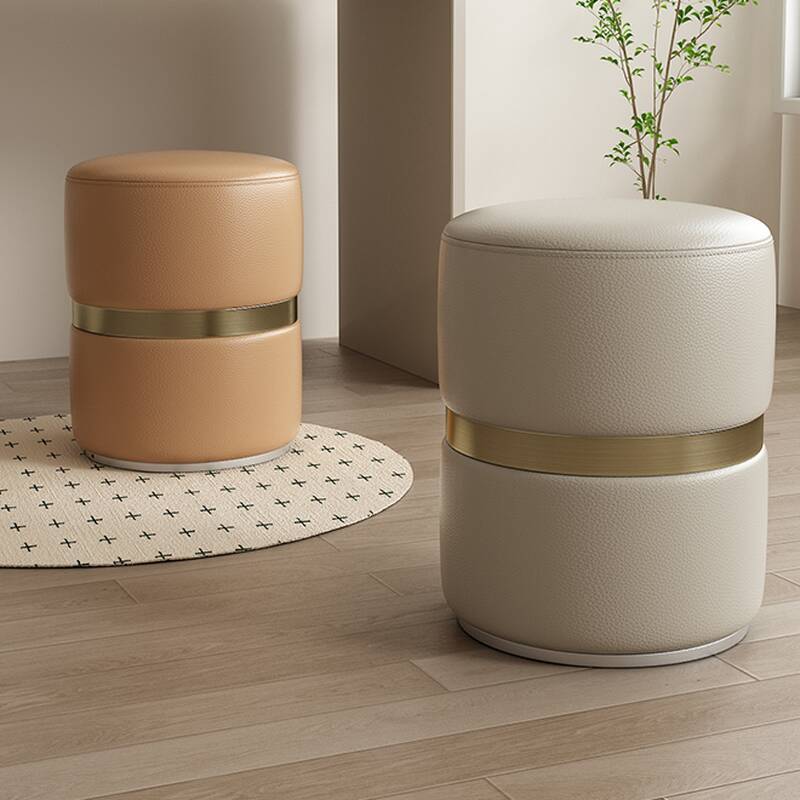 Casual Orbicular Solid Colour Standard Ottoman in Dove Grey/Amber Colour/Cream Vinyl Leather