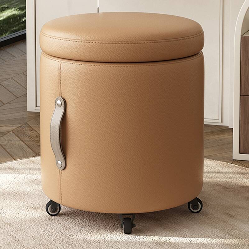 Minimalist Amber Colour/Gray/Ecru Solid Colour Circular Synthetic Leather Storage Ottoman with Locker and Rollers