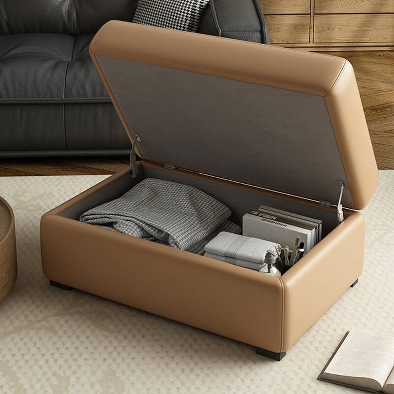Casual Rectangular Solid Colour Storage Ottoman in Vinyl Leather with Dove Grey/Amber Colour/Sand Upholstery and Storage
