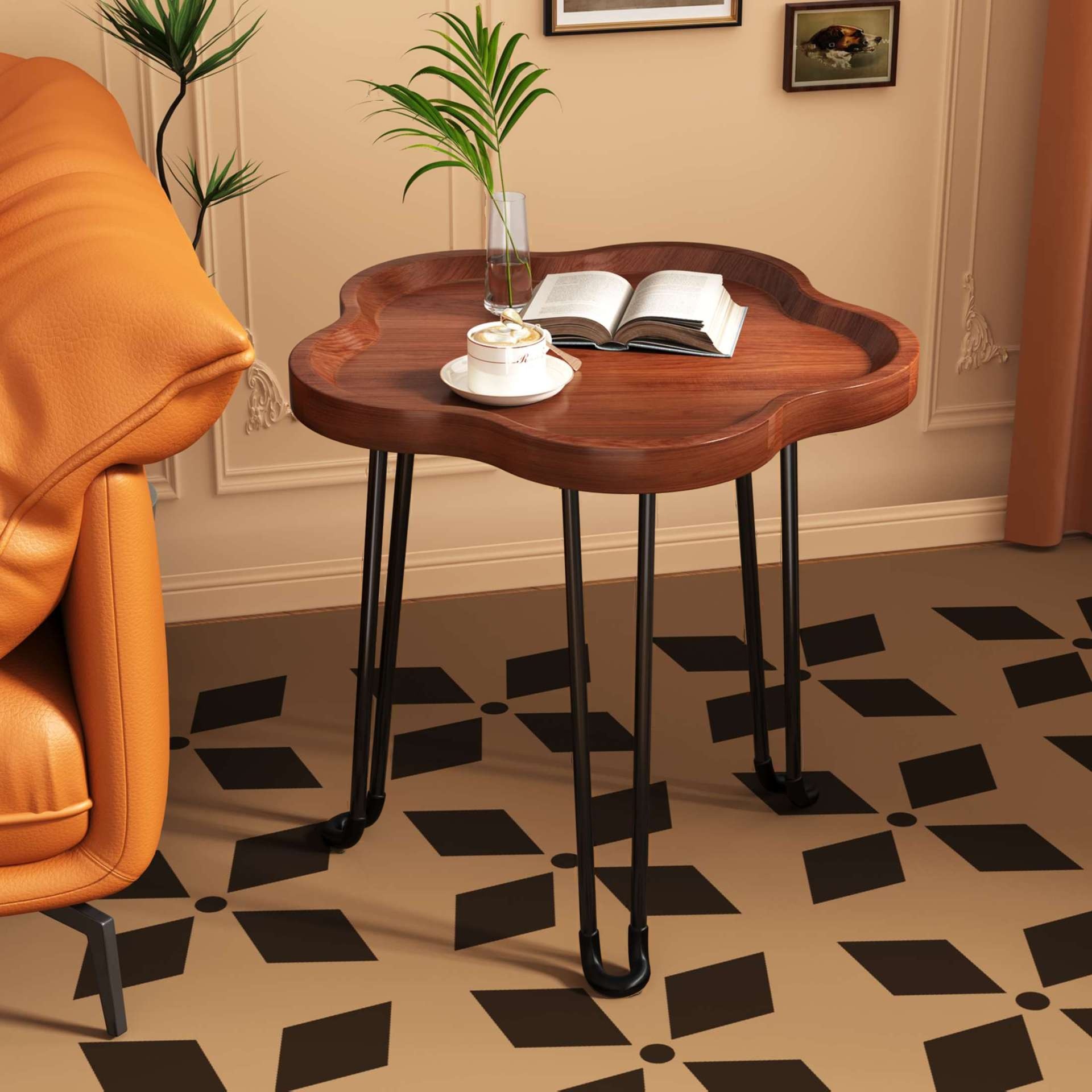 Simple Chairside Table Only with Natural Tray Top and Three Legs in Chalk/Sepia