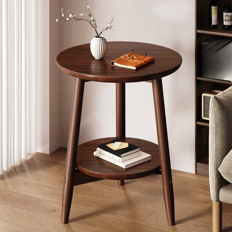 Simple Chairside Table Only with Natural Wood Top and Three Legs in Sepia/Natural Colour, Rounded Shape with Shelf