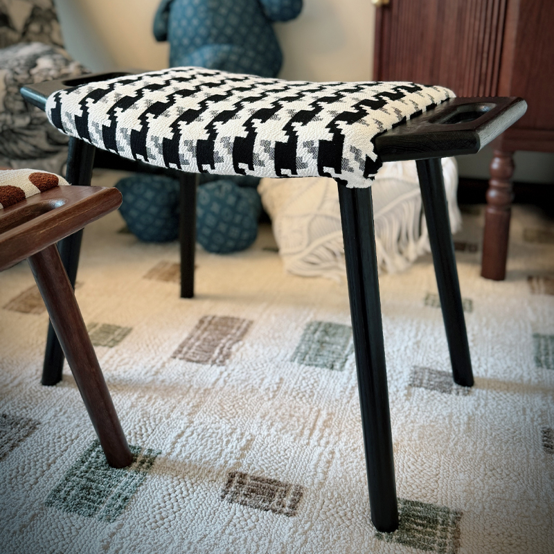 Casual Rectangular Solid Colour/Spots/Houndstooth Standard Ottoman with Ink/Sage/Cocoa Upholstery and Oak Wood Frame