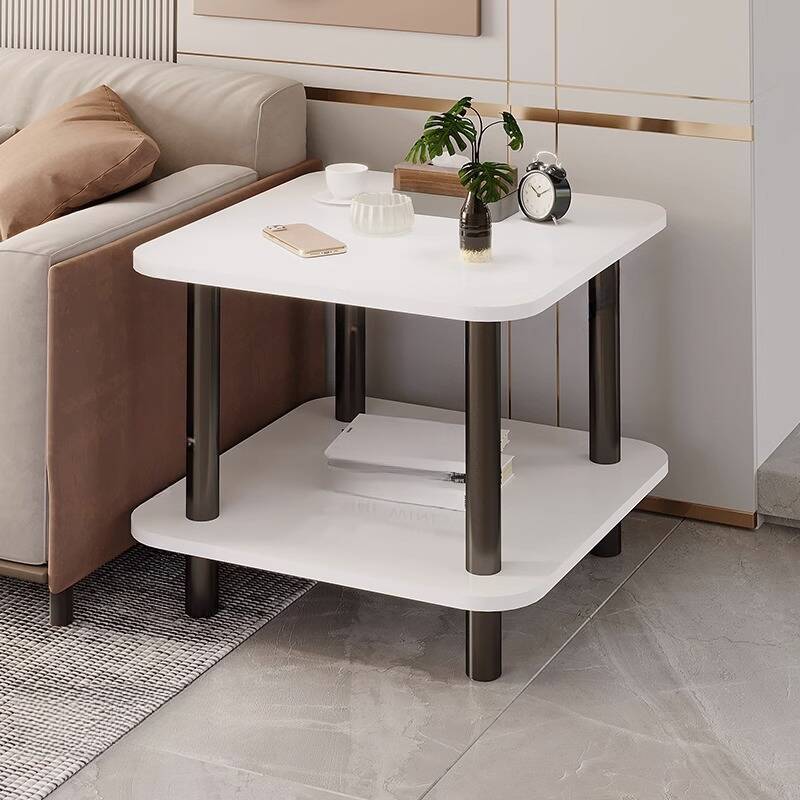 Simple Chairside Table Only with Reclaimed Wood Top and 4 Legs, Square Shape with Shelf