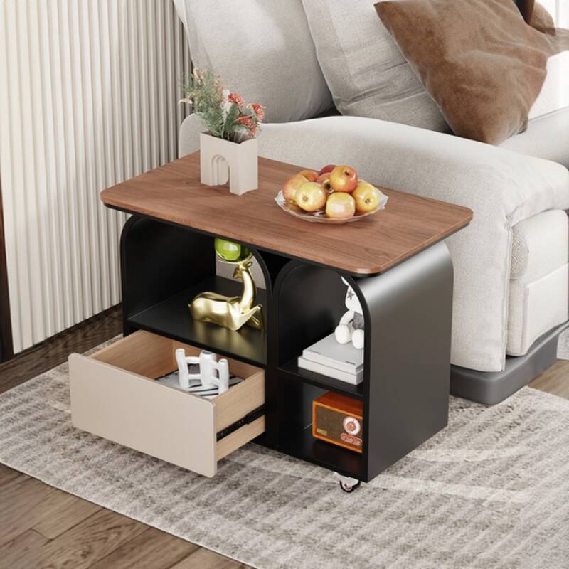 Natural/Stone Rectangle Chairside Table with Swivel Wheels, Shelf, and Drawer