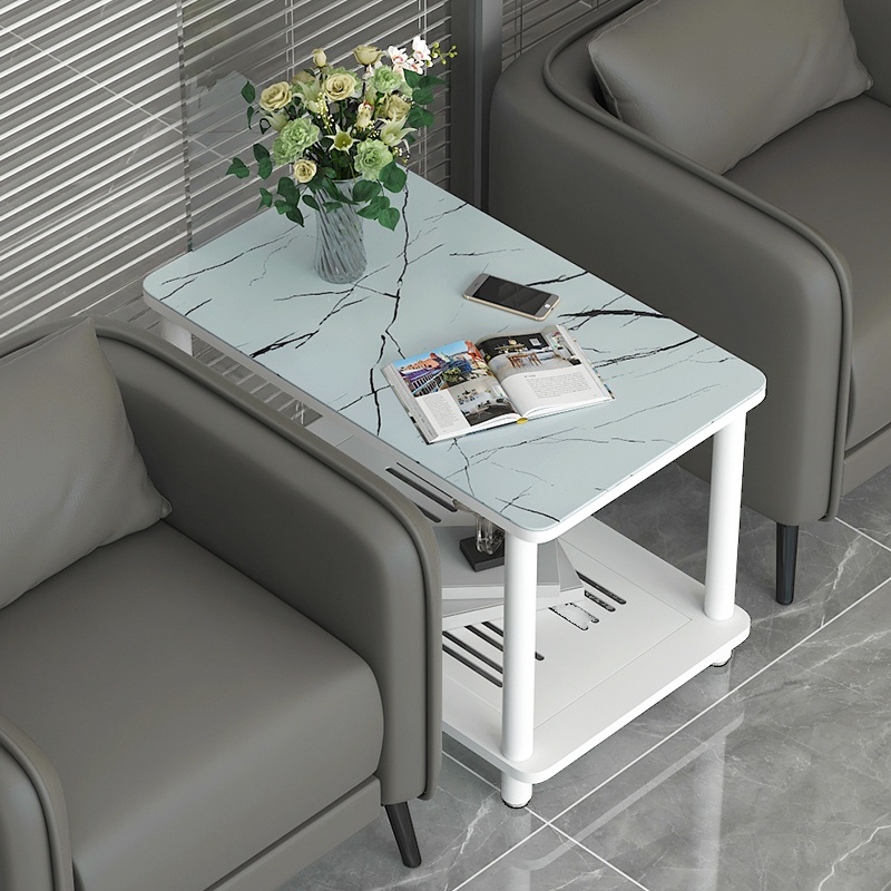 Simple Chairside Table Only with Vitreous Black/Chalk Rectangle/Square Top and 4 Legs, Includes Shelf