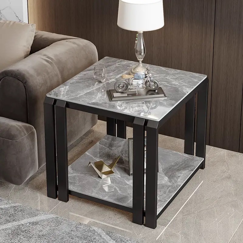 Simple Chairside Table Only with Stone Top, 4 Legs, Square/Rectangle Shape, and Shelf