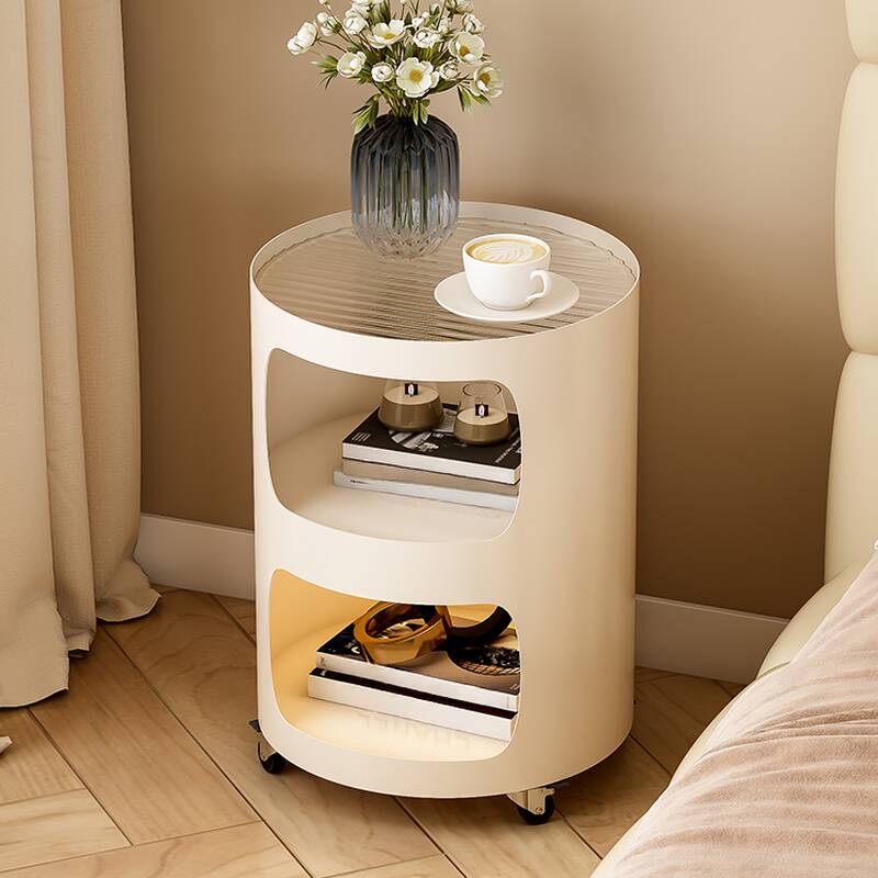 Chairside Table with Vitreous/Stone Top, Swivel Wheels, Rounded Shape, Tray Top, and Shelf
