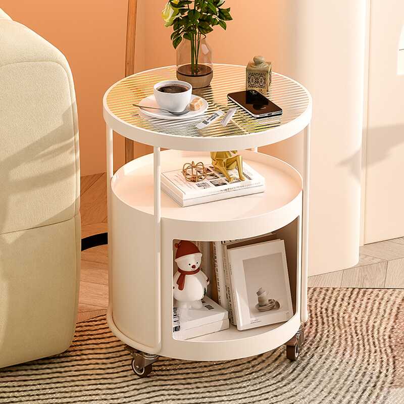 Simple Style Rounded Vitreous Chairside Table with Swivel Wheels and Shelf