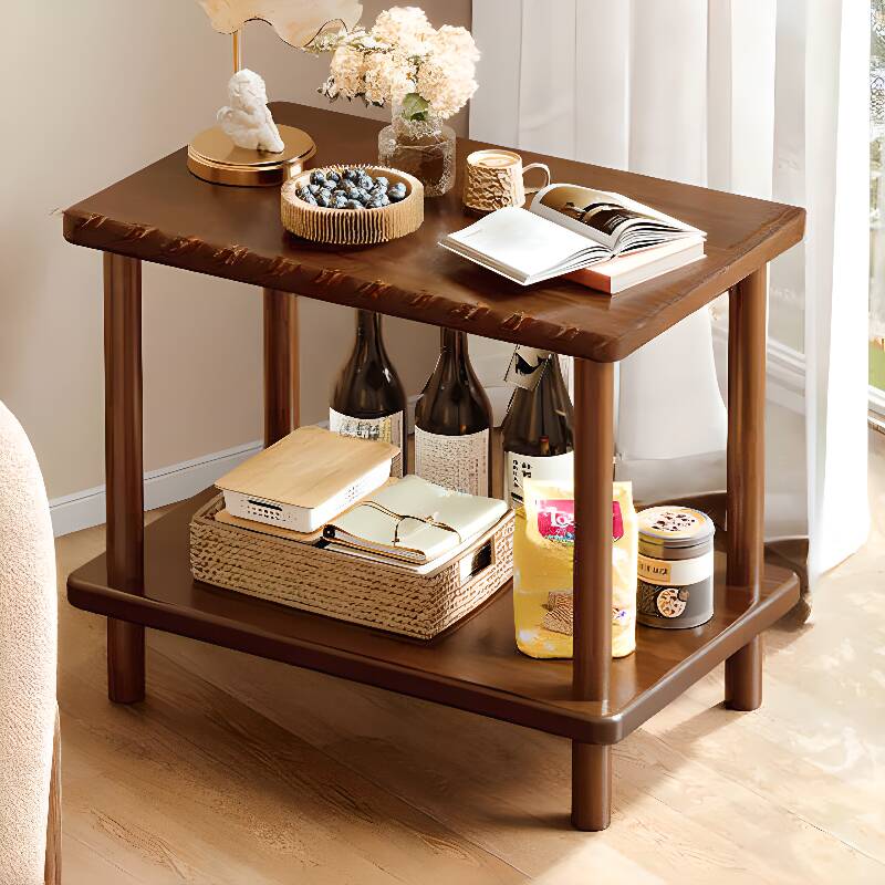 Simple Chairside Table Only with Reclaimed Wood Top, 4 Legs, Sepia/Natural Colour, Rectangle/Square Shape, and Shelf