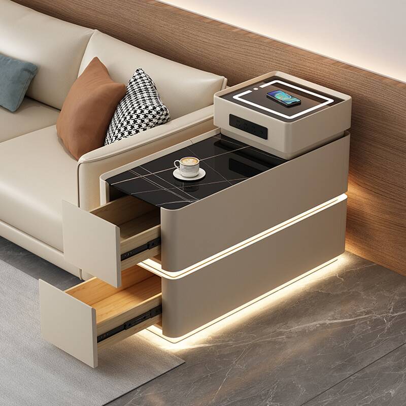 Simple Style Chairside Table Only with Vitreous Top and Block Base in Black Rectangle with 2 Drawers